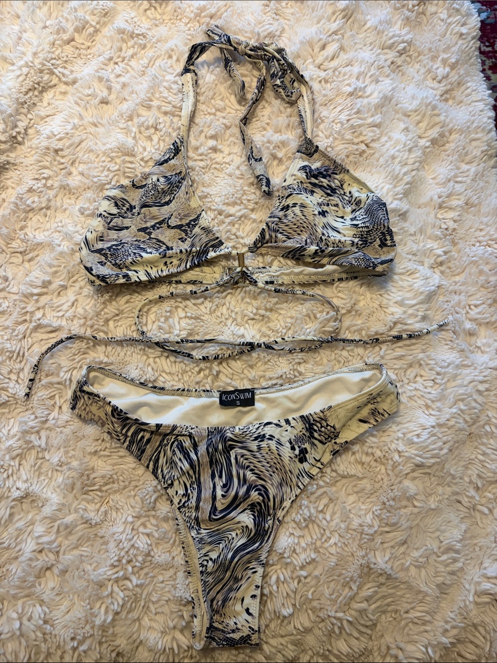 Icon Swim Women's Swirl Print Bikini Set in Cream and Navy